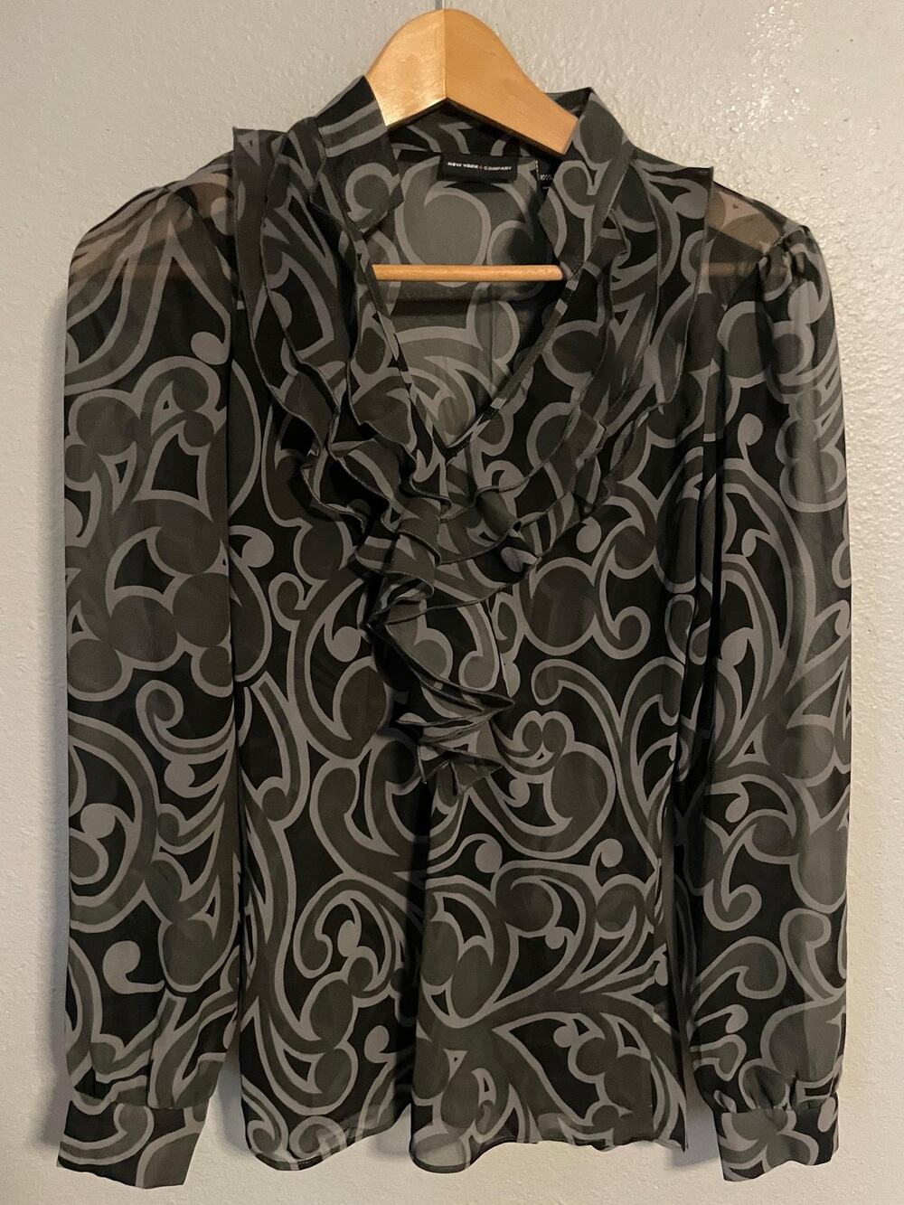 New York & Company Womens Top Size 6 Black Abstract Sheer Ruffle Whimsigoth Y2K